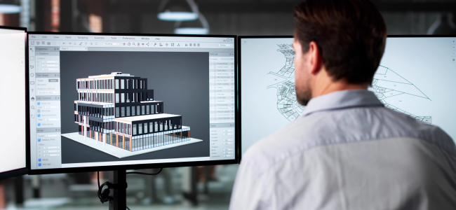 Eine Person vor dem Bildschirm arbeitet an 3D-Gebäudeplänen