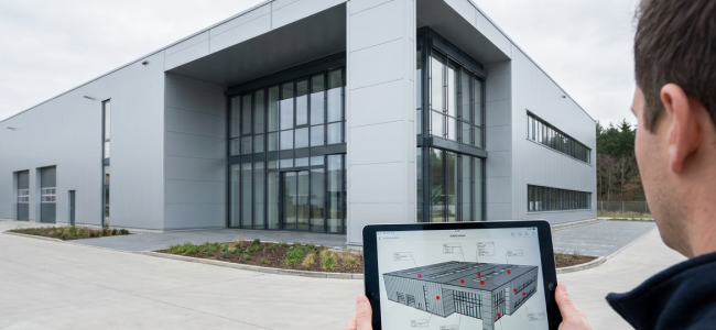 Ein Mann mit einem Tablet vor einer Werkhalle